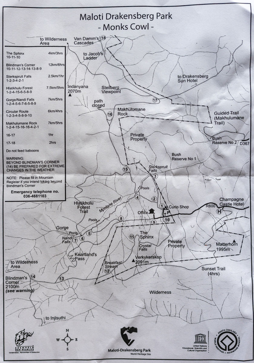 Maloti Drakensberg Park - Monks Cowl Wanderkarte Download